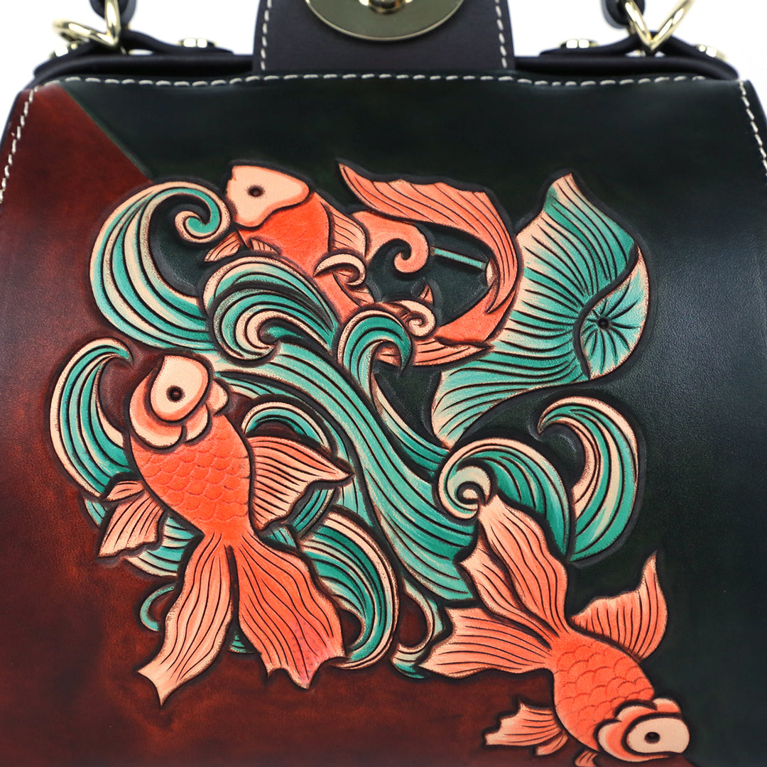 Colorful Fish Pattern Leather Carving Pattern Handmade Crossbody Bag
