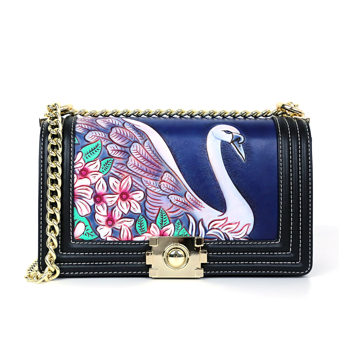 Handmade Leather Swan Carving Crossbody Bag