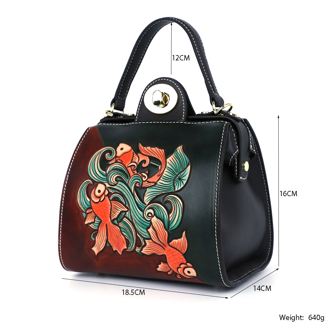 Colorful Fish Pattern Leather Carving Pattern Handmade Crossbody Bag